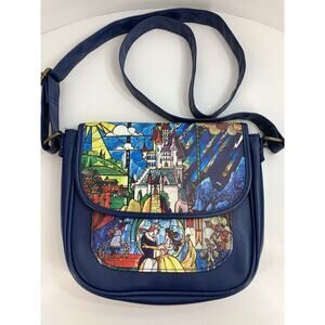 Disney Loungefly Beauty And The Beast Stained Glass Design Blue Crossbody Bag